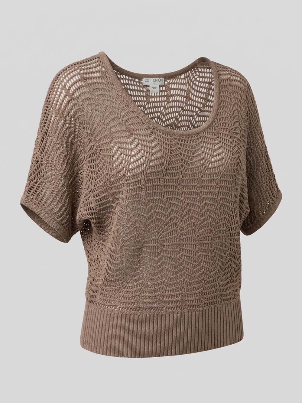 Cotton On Taupe Open-Weave Scoop Neck Short Sleeve Sweater
